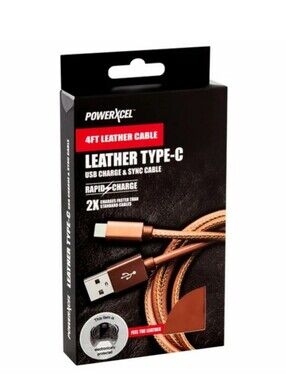 POWERXCEL Brown Leather Type-C USB Rapid-Charge & Synch Cable (4 ft.)